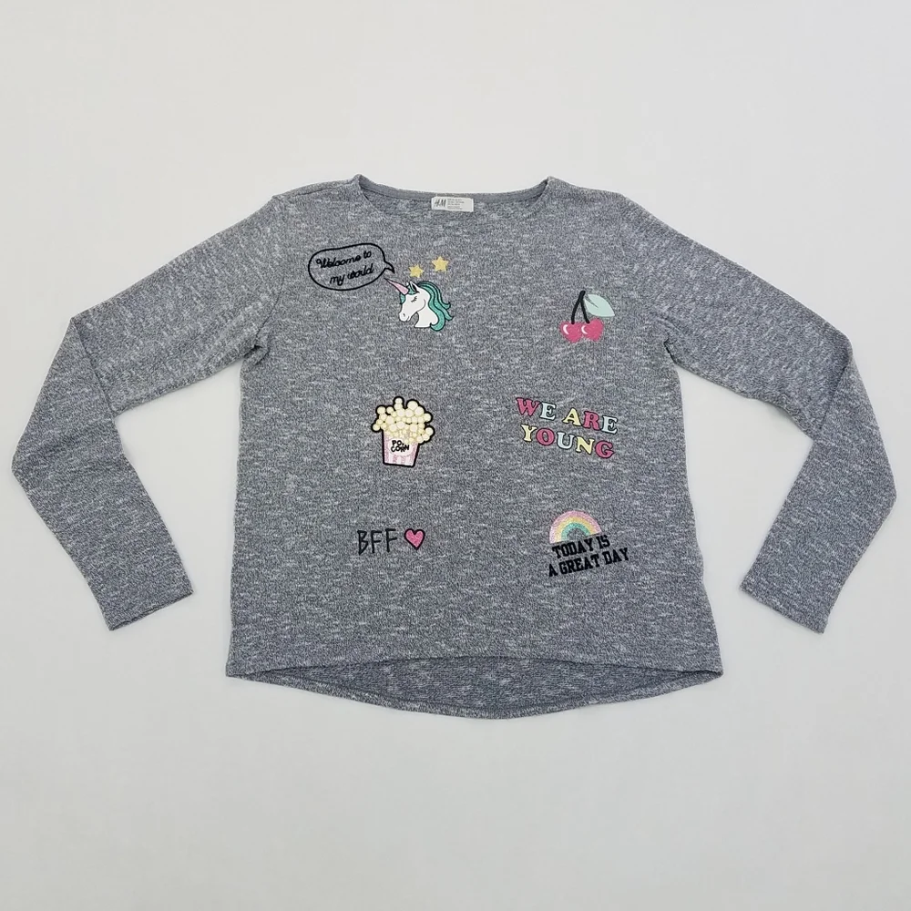 H & M Fine-knit Unicorn Popcorn Rainbow Printed Sweater